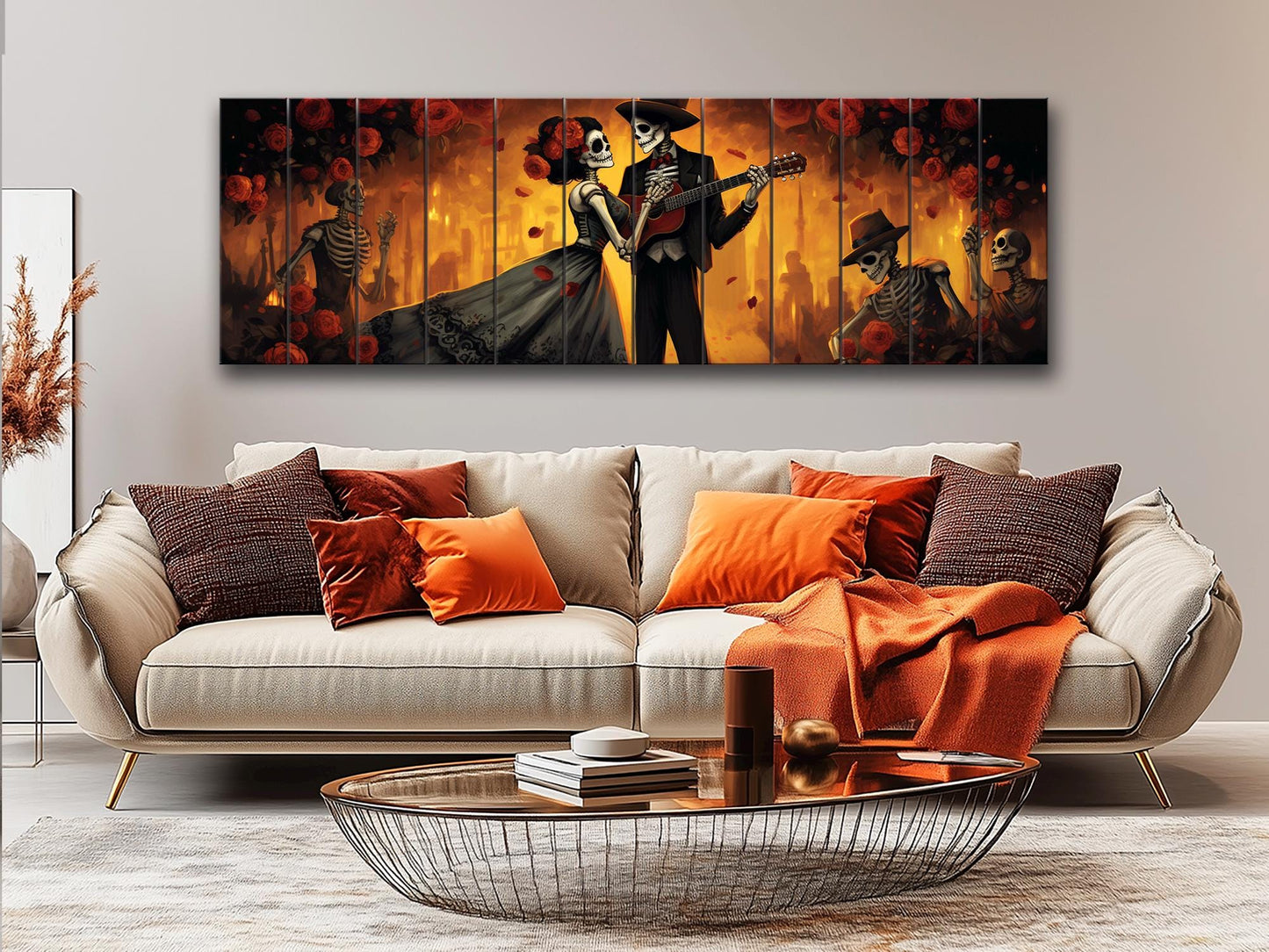 Day of the Dead Dancing Print On Natural Wood -Mexican Wall Art