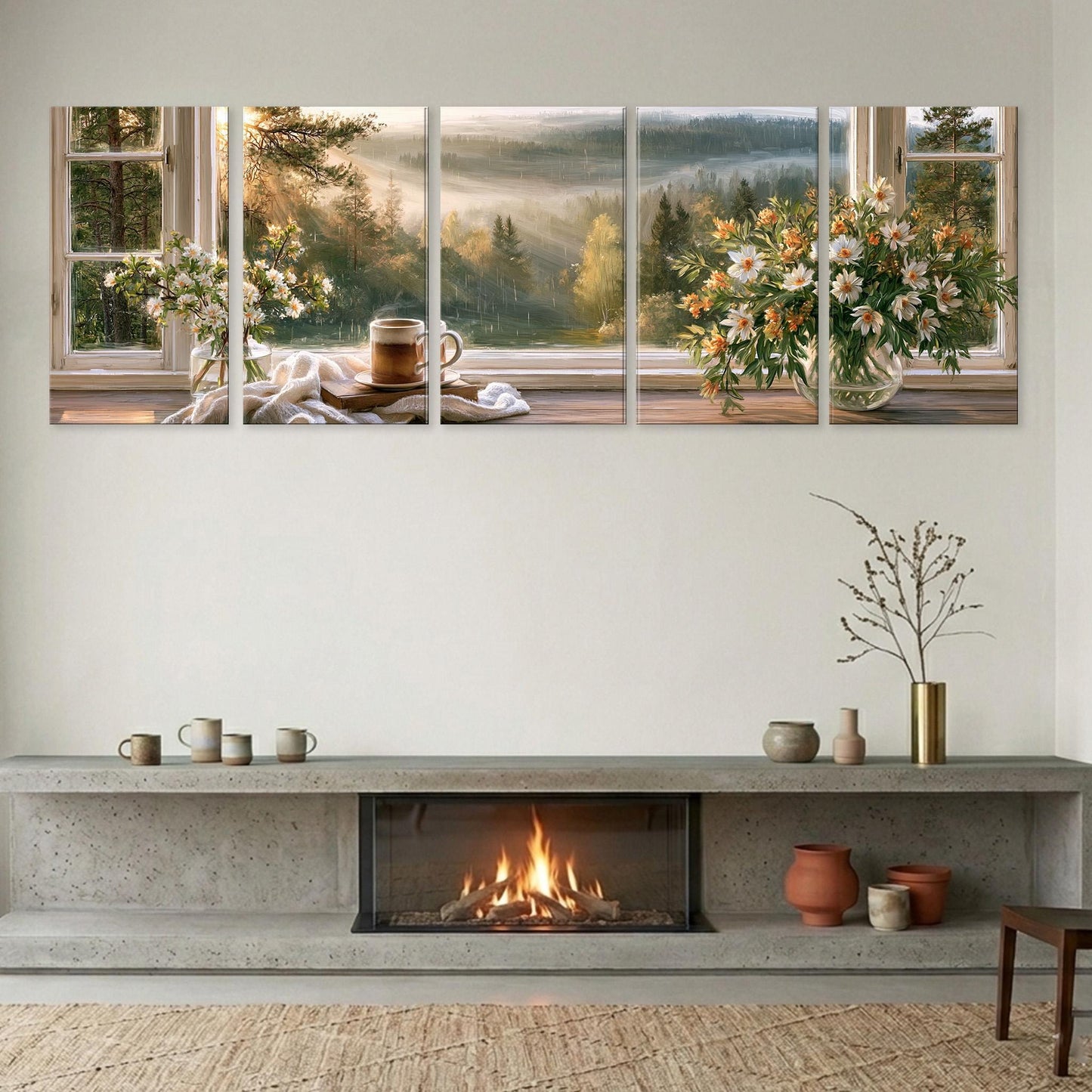 The image is a large, multi-panel collage depicting a serene indoor scene with a fireplace, flowers in vases, and a view of a forest through a window.