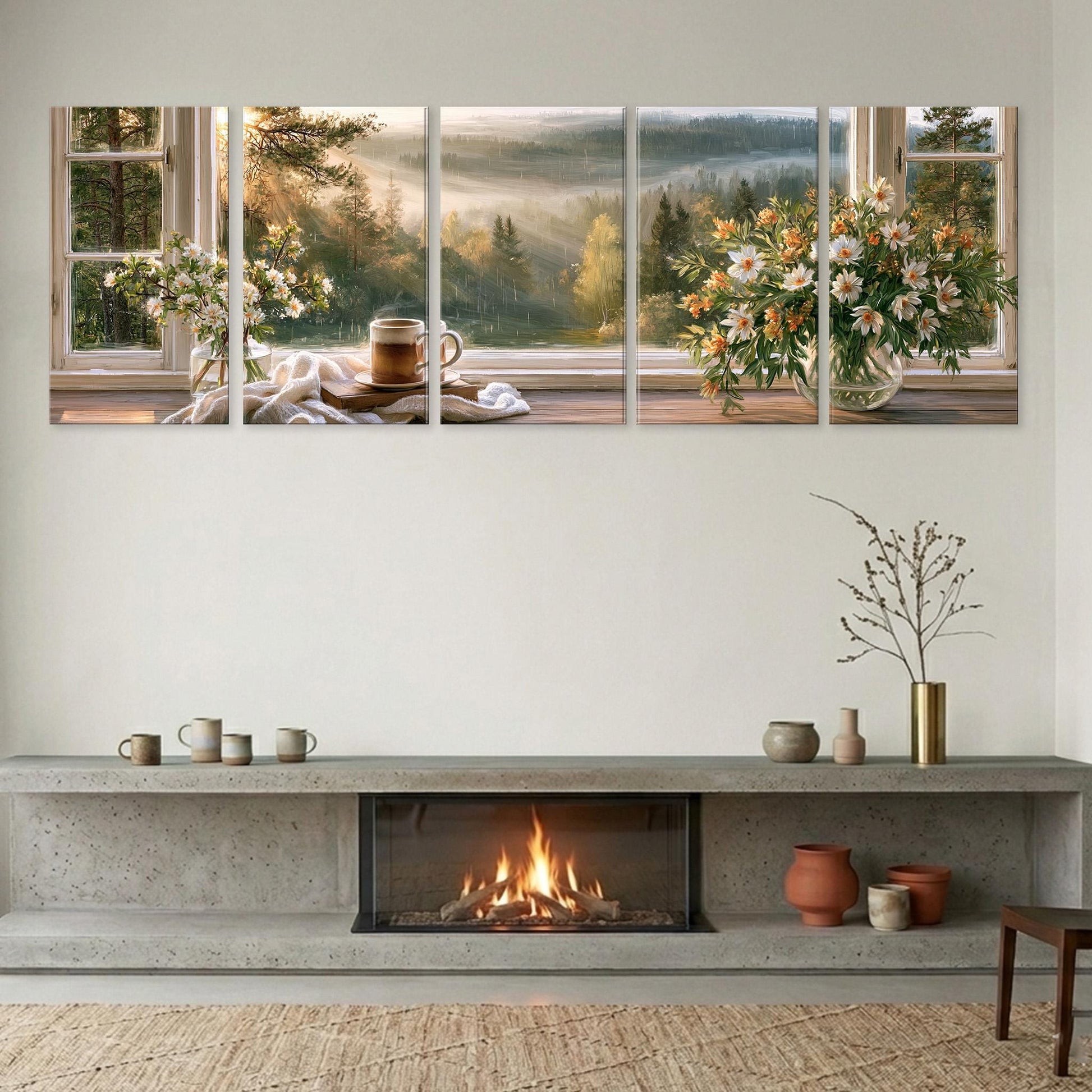 The image is a large, multi-panel collage depicting a serene indoor scene with a fireplace, flowers in vases, and a view of a forest through a window.