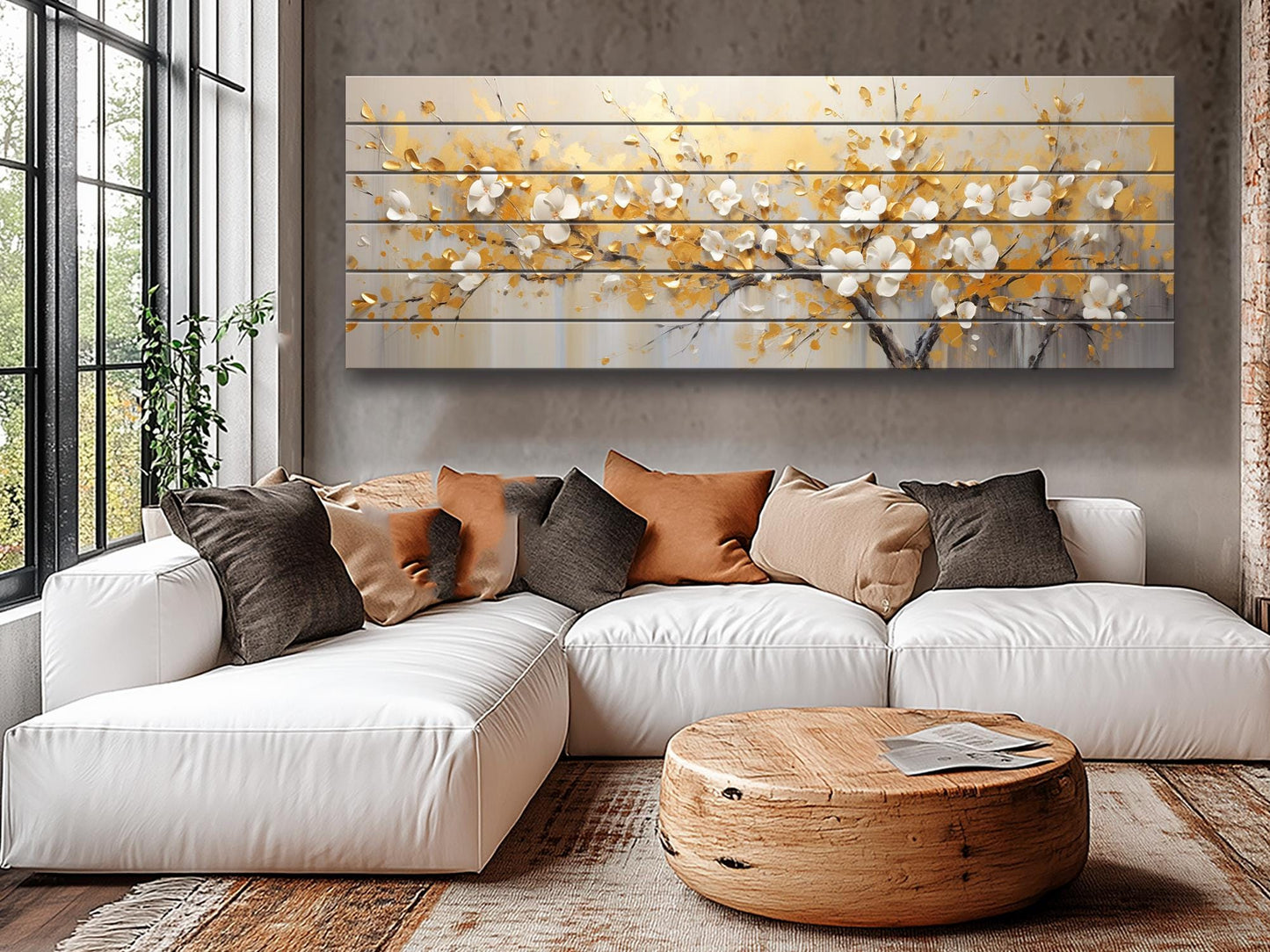 Abstract Gold and White Blossom Tree Print On Natural Wood