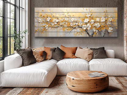 Abstract Gold and White Blossom Tree Print On Natural Wood