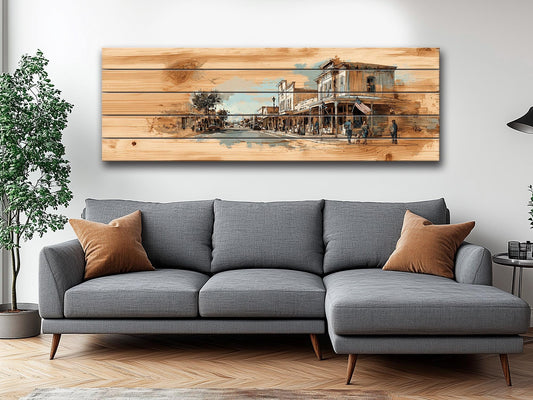 Americana Wood Wall Art | Rustic Wood Print of Vintage Street Painting for Farmhouse Decor