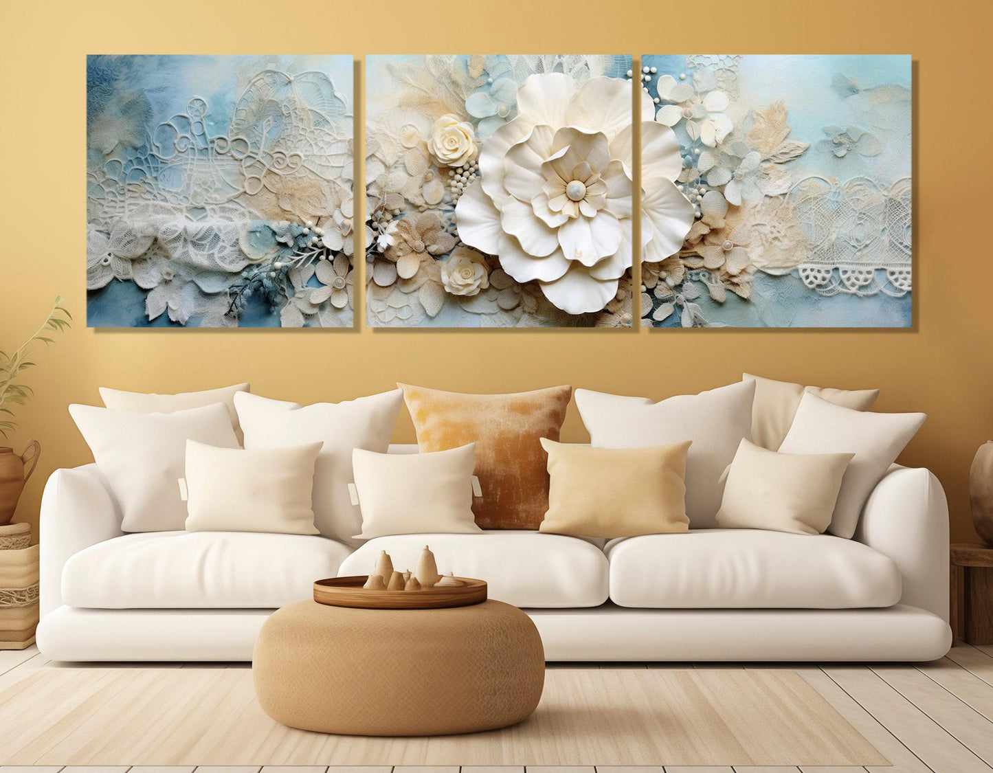 Floral Canvas Print – Soft Tones Blue Damask Embroidered Doily Art, Framed & Ready to Hang