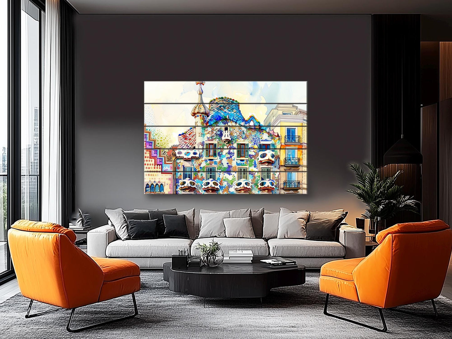 Casa Batlló In Barcelona by Antoni Gaudí Painting Printed on Natural Wood, Barcelona Wall Art, Casa Dels Ossos Print, Wood Wall Art