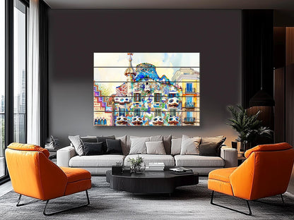 Casa Batlló In Barcelona by Antoni Gaudí Painting Printed on Natural Wood, Barcelona Wall Art, Casa Dels Ossos Print, Wood Wall Art