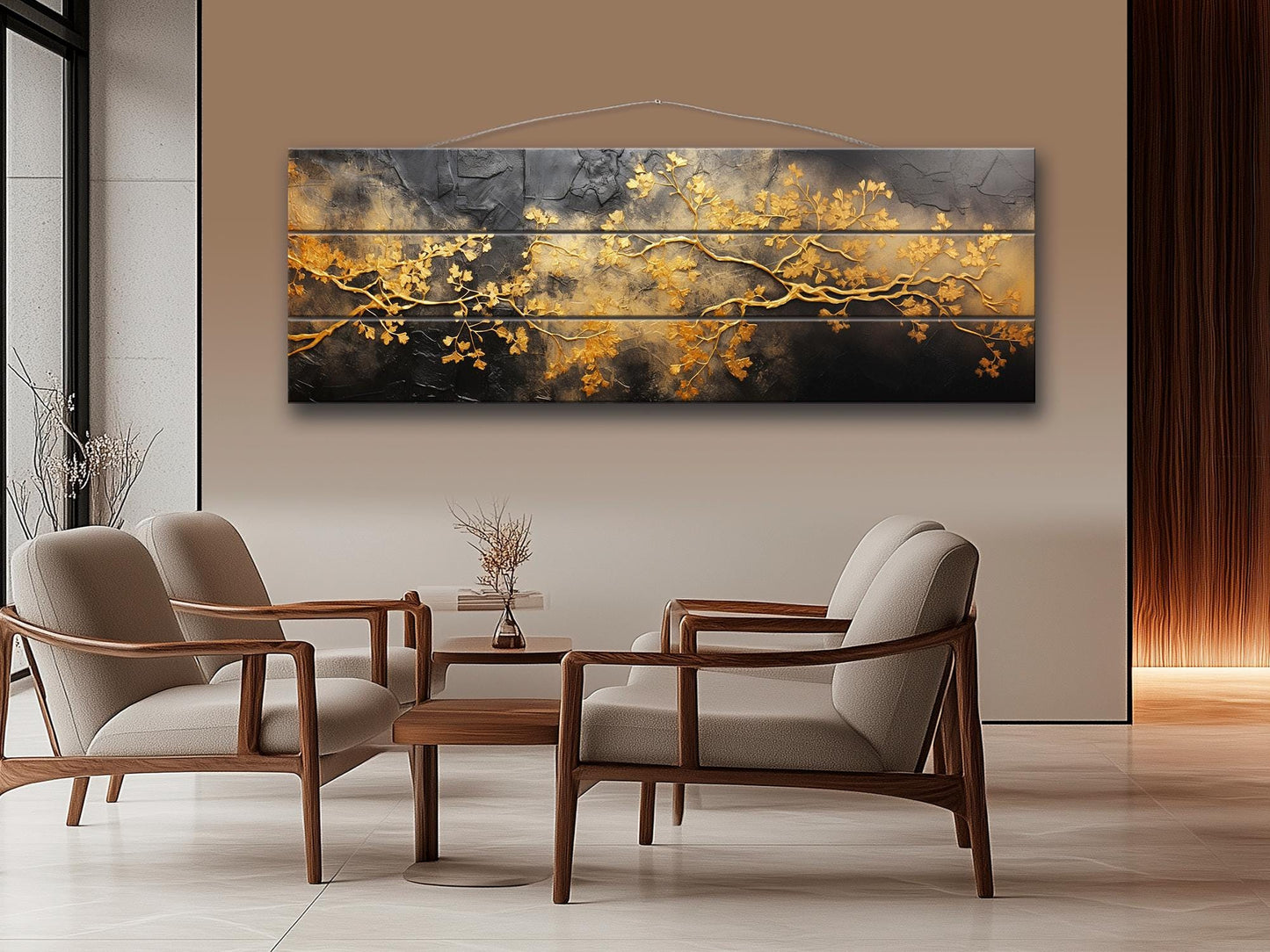 Wooden Wall Art – Gold Tree Branches Print on Natural Wood | Abstract Black & Gold Decor