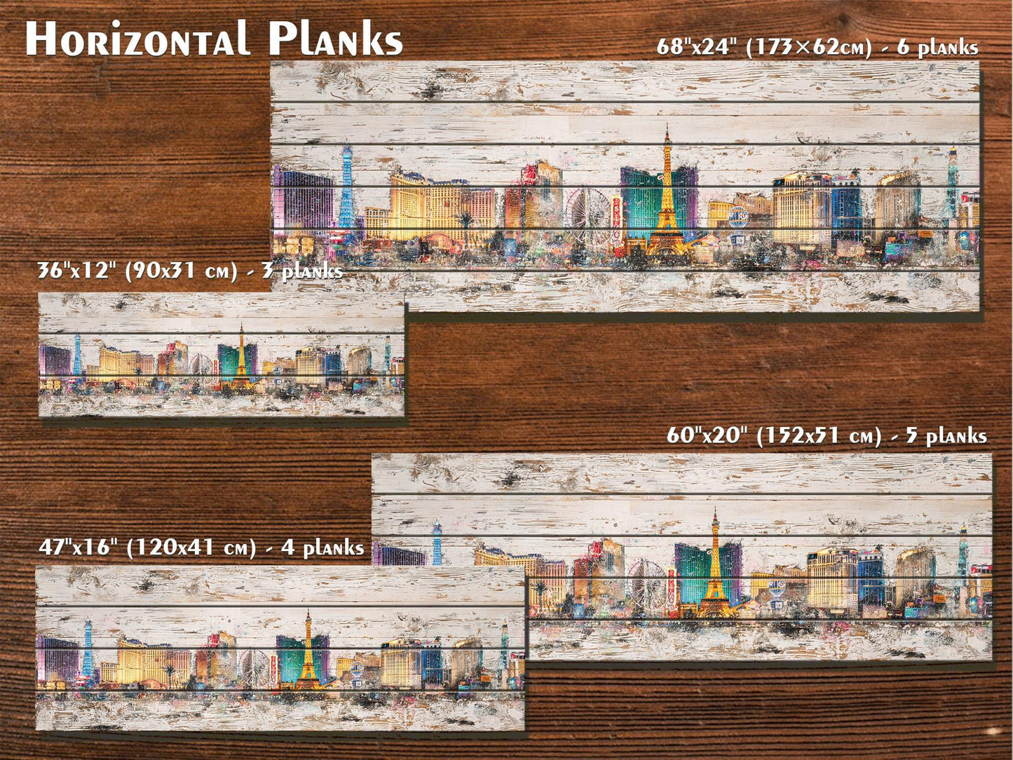 Rustic Las Vegas Painting – Panoramic Wood Wall Art with Neon Lights Print