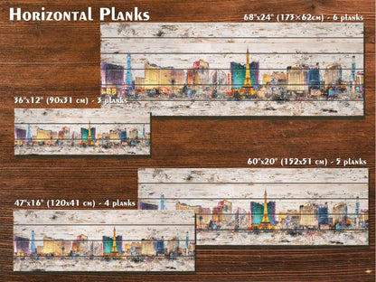 Rustic Las Vegas Painting – Panoramic Wood Wall Art with Neon Lights Print