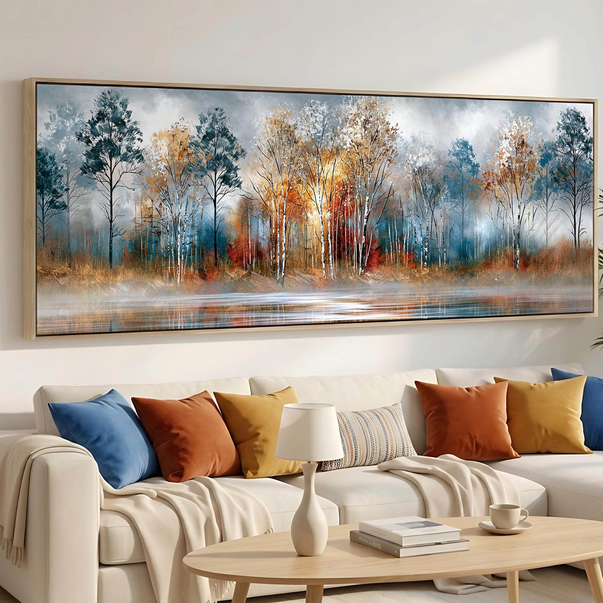 a large, colorful painting of a forest scene hanging on a wall above a white sofa with colorful throw pillows.
