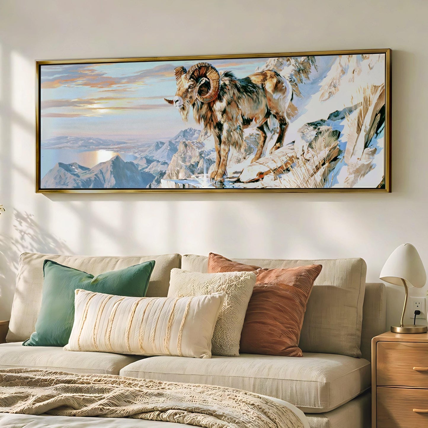 a large framed painting of a ram standing on a rocky cliff, with a mountainous landscape in the background.
