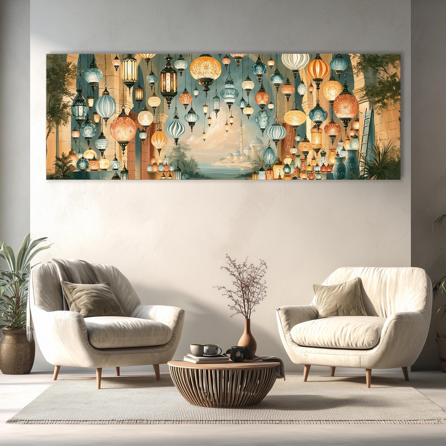 a living room with a large wall art depicting a scene of hanging lanterns. The room is furnished with two white armchairs and a wooden coffee table, creating a cozy and inviting atmosphere.