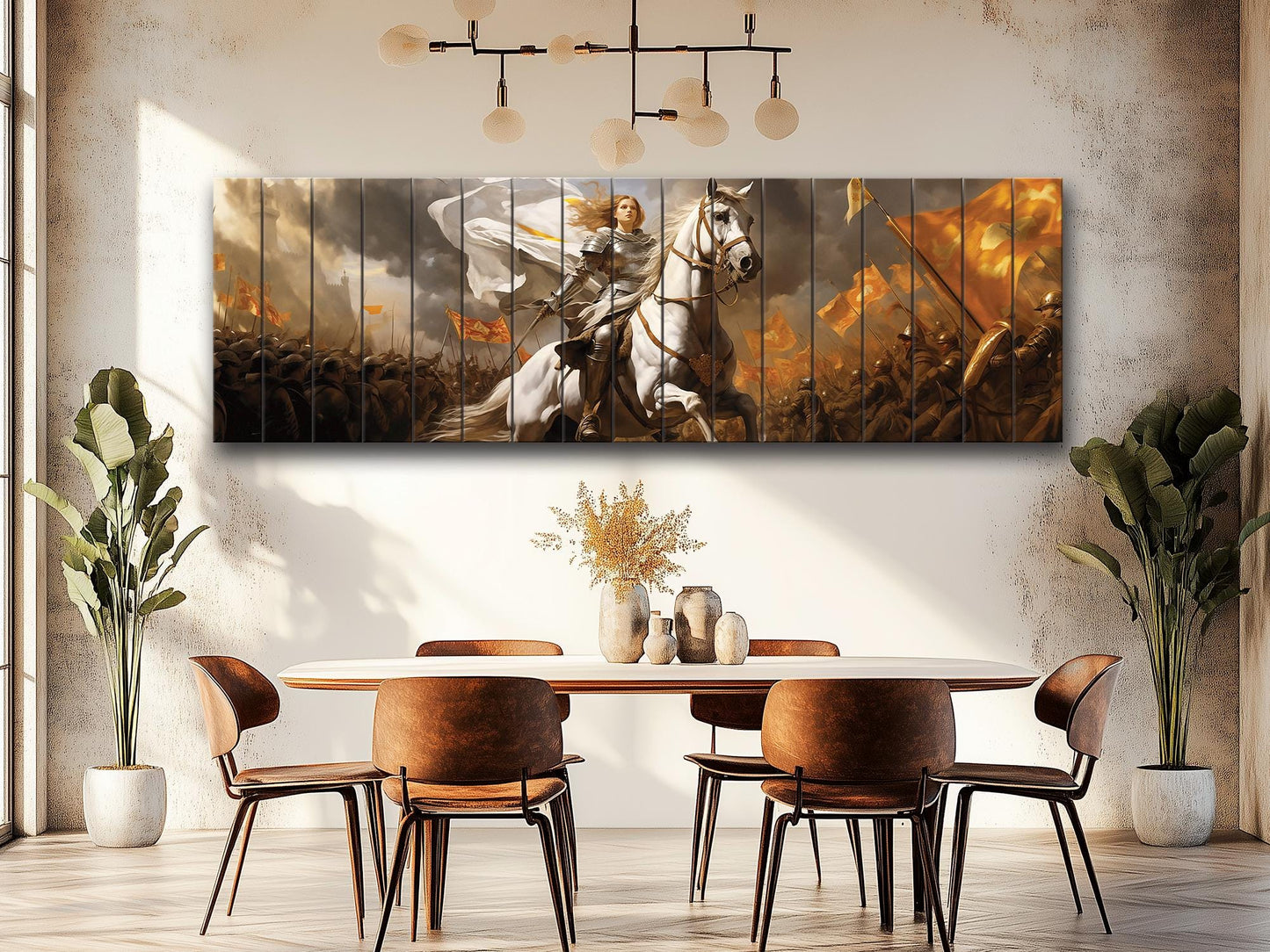 Warrior on Horse Print – Natural Wood Art | Medieval Battle Scene Wall Hanging