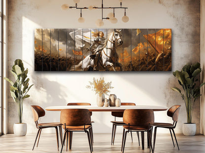Warrior on Horse Print – Natural Wood Art | Medieval Battle Scene Wall Hanging