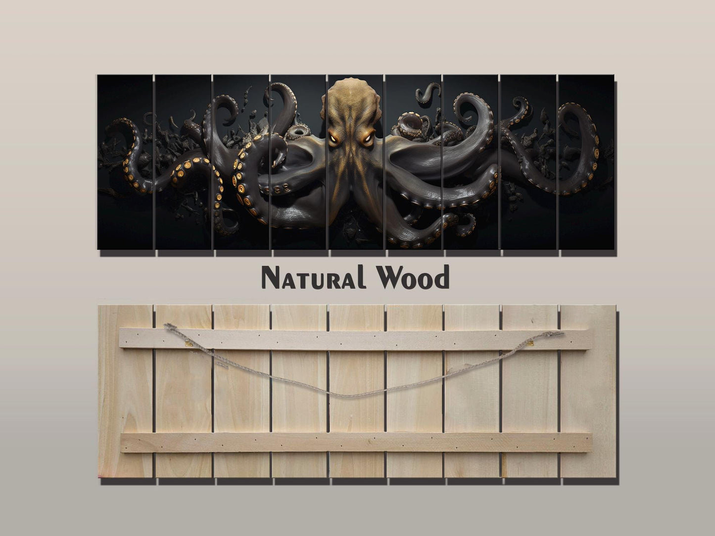 Black And Gold  Octopus Printed On  Natural Wood – Nautical Wall Decor