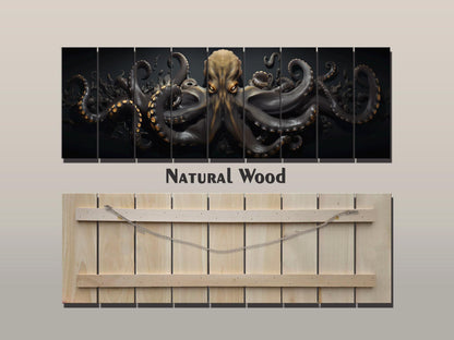 Black And Gold  Octopus Printed On  Natural Wood – Nautical Wall Decor