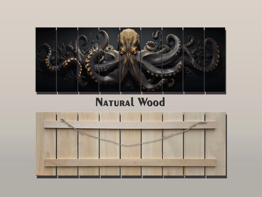 Black And Gold  Octopus Printed On  Natural Wood – Nautical Wall Decor