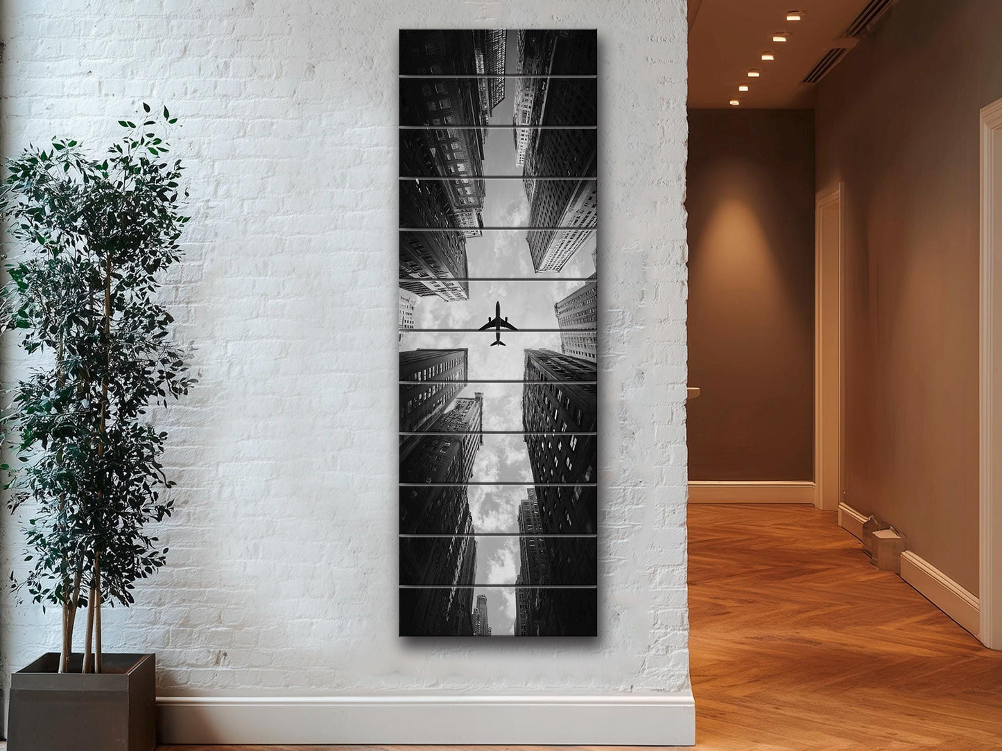 Airplane Print on Wood – Black and White Cityscape Wood Print | Urban Wall Decor