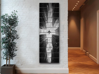 Airplane Print on Wood – Black and White Cityscape Wood Print | Urban Wall Decor