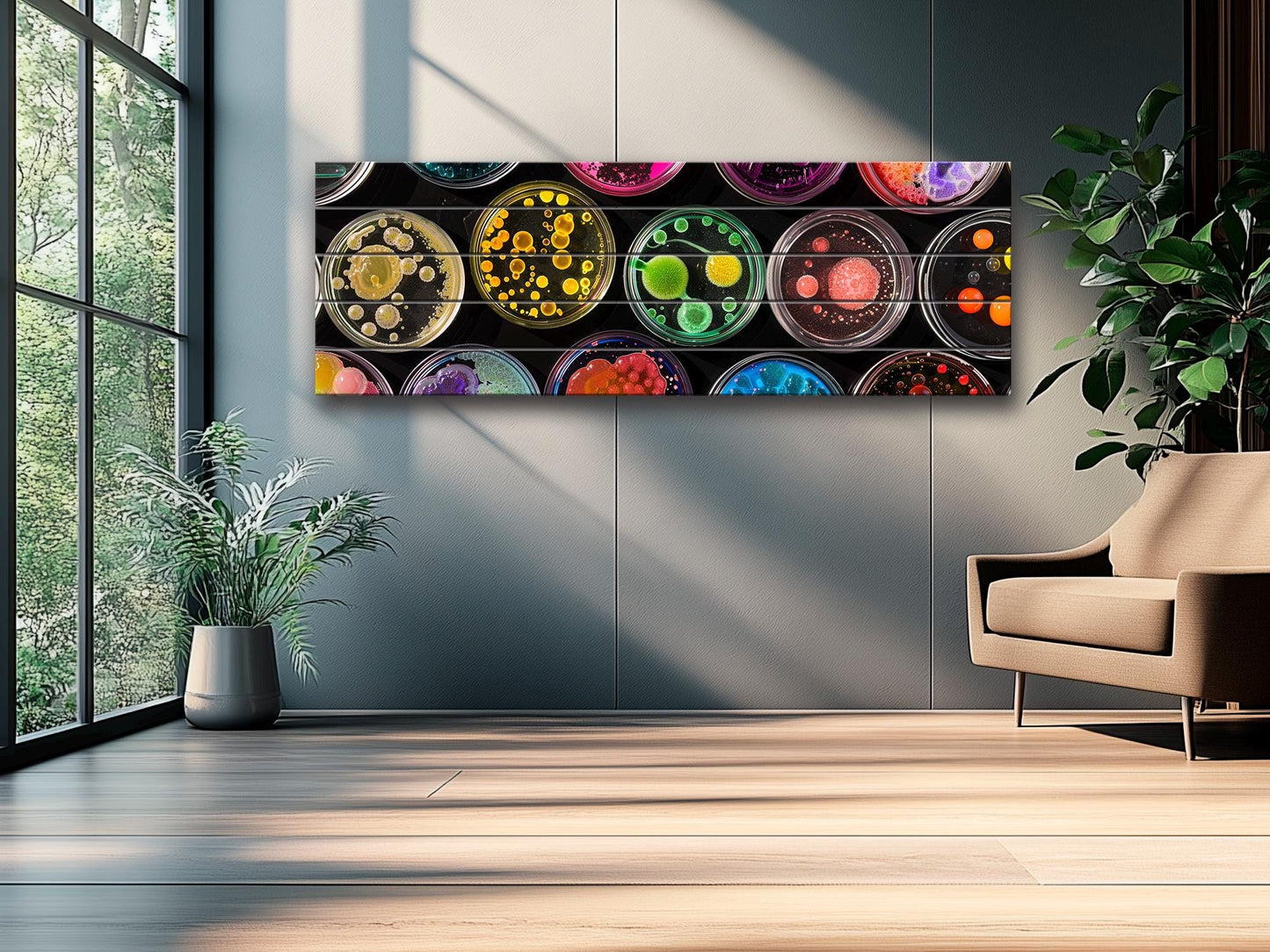 Petri Dish Wall Art – Colorful Abstract Science Print on Natural Wood Decor