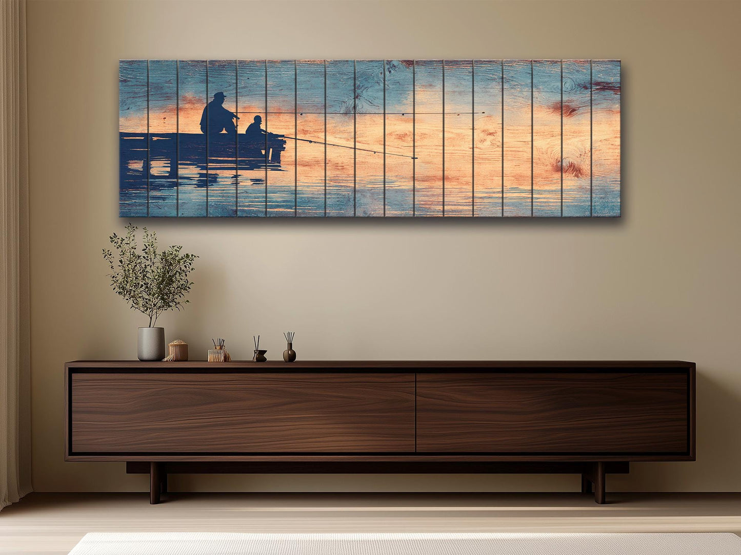 Father Child Fishing Art - Rustic Wooden Wall Art With Lake Dock Scene