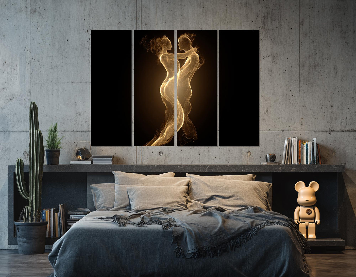 Romantic Canvas Wall Art – Sensual Golden Flame Couple Abstract Bedroom Decor