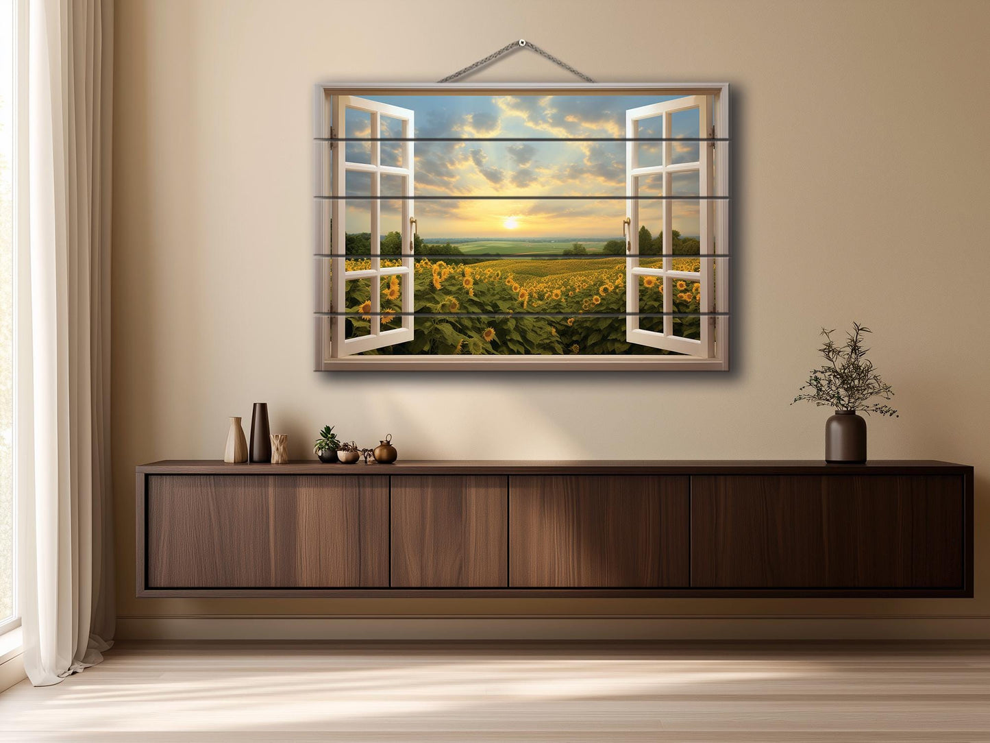 Wood Wall Art | Rustic Floral Wood Print with Sunflower Field Open Window Painting