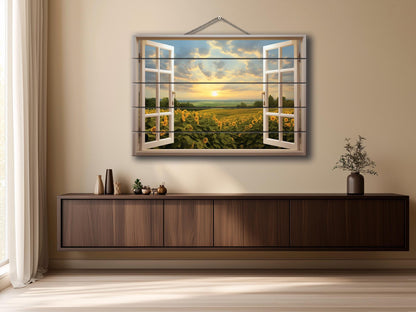 Wood Wall Art | Rustic Floral Wood Print with Sunflower Field Open Window Painting
