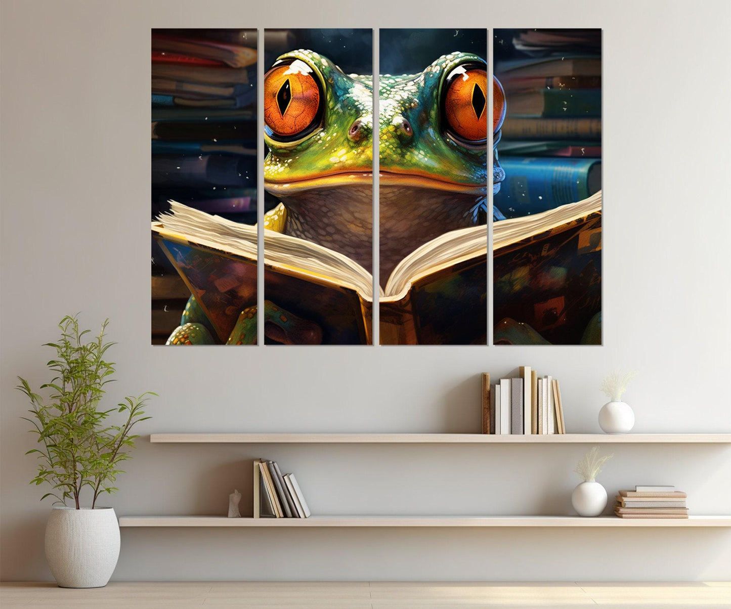 Frog Reading Book Abstract Painting Canvas Print, Kids Room Decor, Nursery Wall Art, Framed and Ready to Hang
