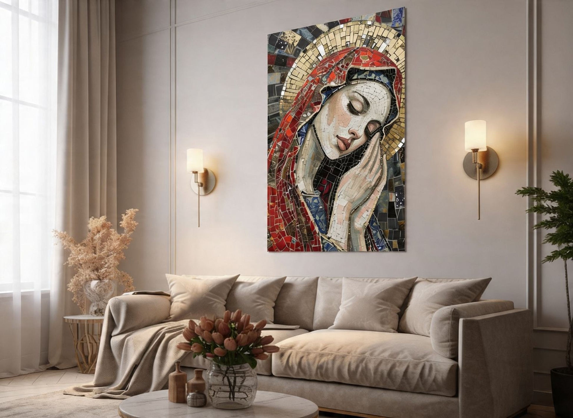 a large mosaic artwork depicting a woman's face, hanging on a wall above a beige sofa in a living room setting.