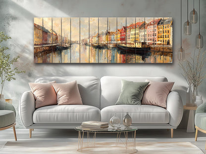 Copenhagen Harbor Wood Print – Rustic Wall Art with Colorful Building Art on Distressed Wood