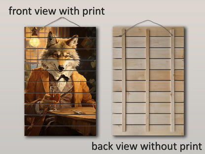 Wood Bar Wall Art – Wolf Bartender Artwork on Natural Wood Plank Print