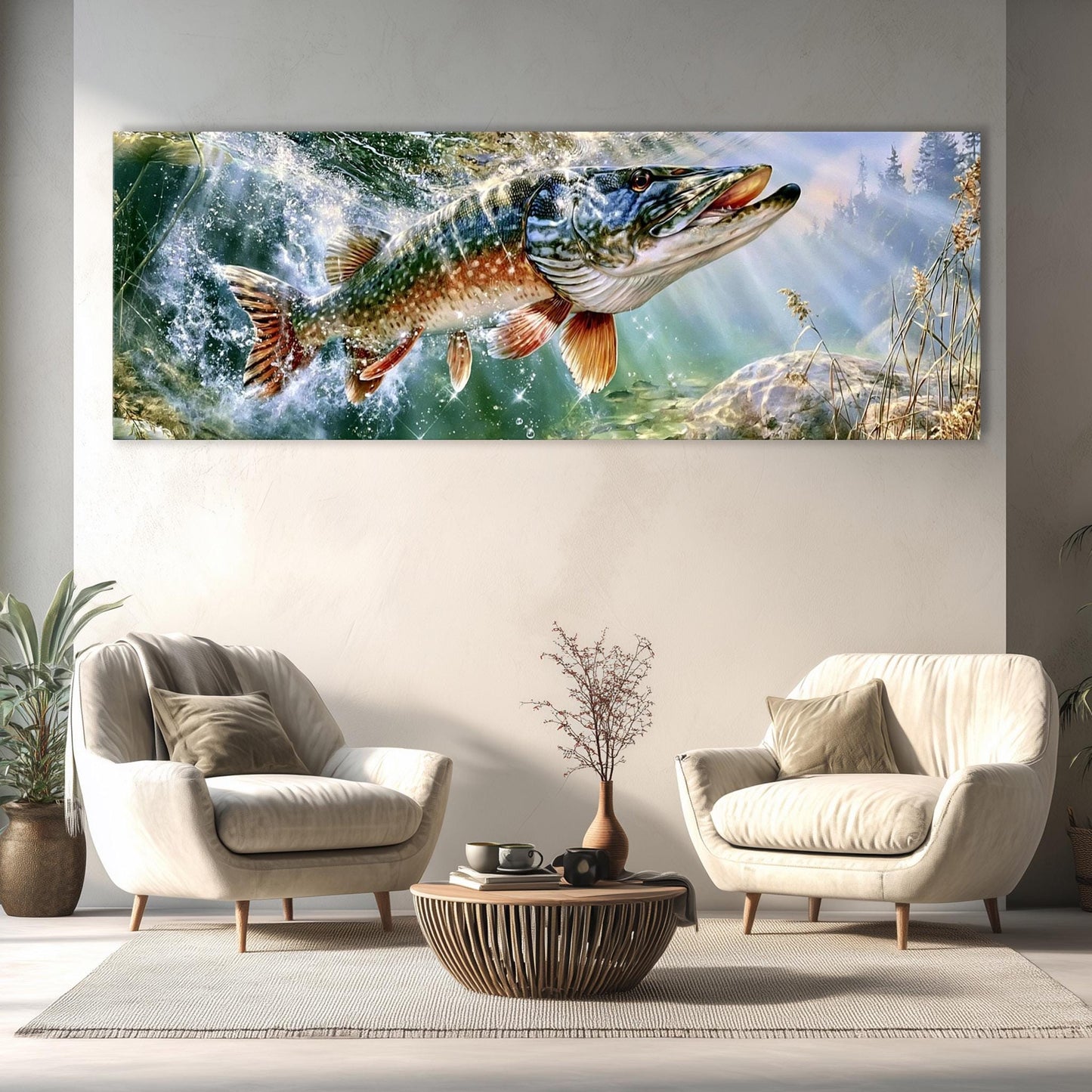a large, colorful painting of a fish swimming in the water, which is displayed on the wall above a living room setting with two white armchairs and a coffee table.