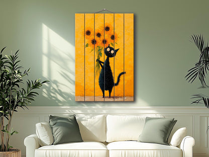 Wood Wall Art – Black Cat Painting with Sunflowers | Minimalist Rustic Decor