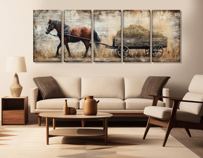 Horse Canvas Print – Brown Horse Pulling Wooden Cart | Rustic Wall Decor Framed Canvas