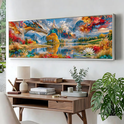 a large, colorful painting of a landscape with a dragon, mountains, and a lake, hanging on a wall above a wooden desk with various items on it.