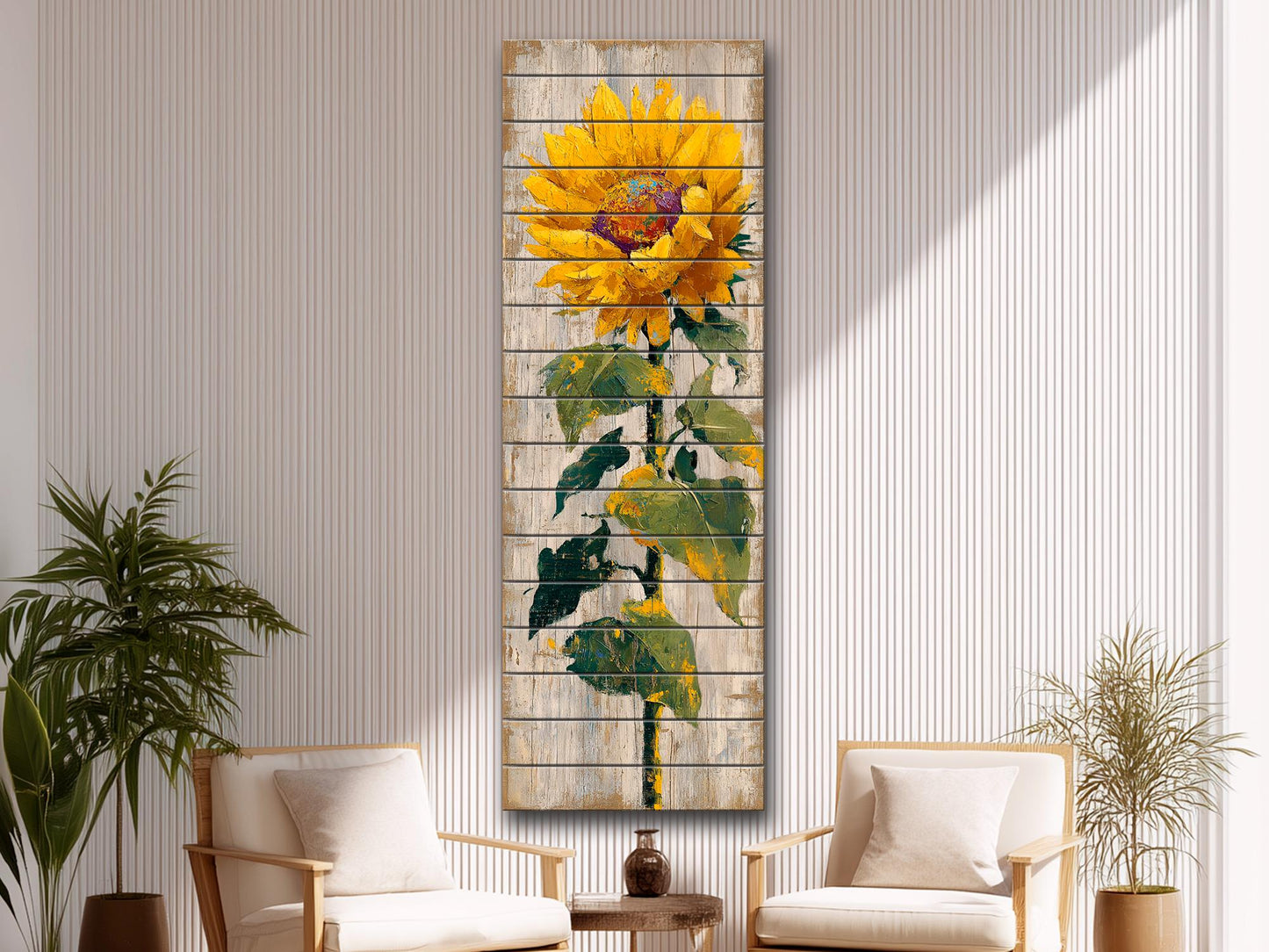 Rustic Sunflower Wall Art – Handcrafted Wood Wall Decor with Vertical Planks