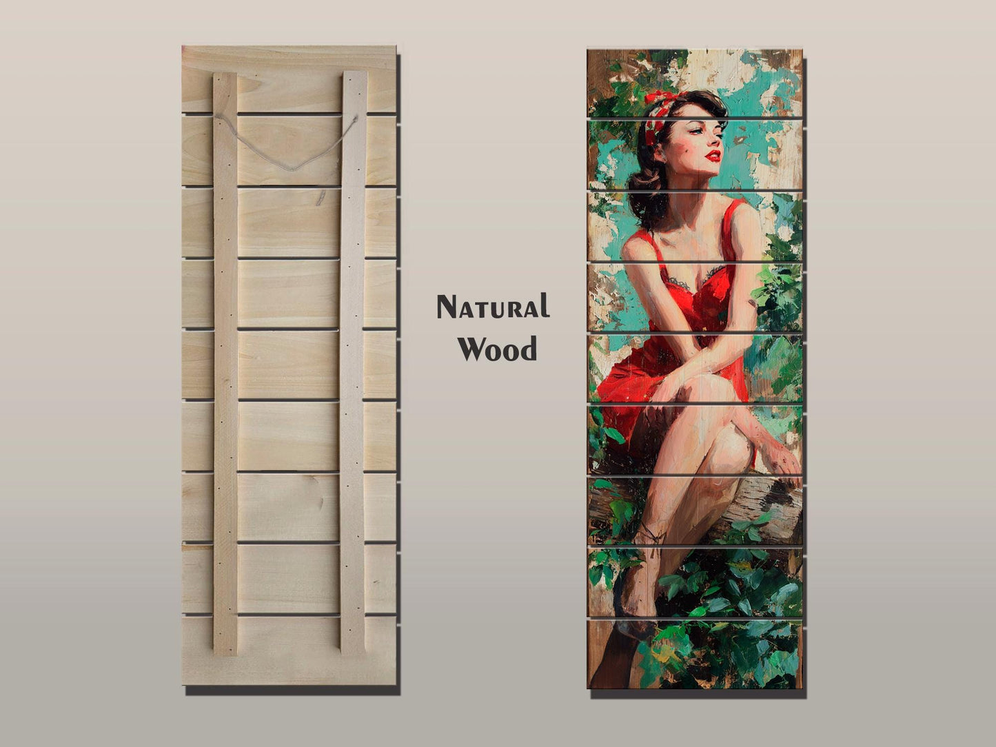 Pin Up Wood Print - Vintage Wall Art on Rustic Wood Plank with Forest Scene