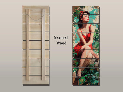 Pin Up Wood Print - Vintage Wall Art on Rustic Wood Plank with Forest Scene