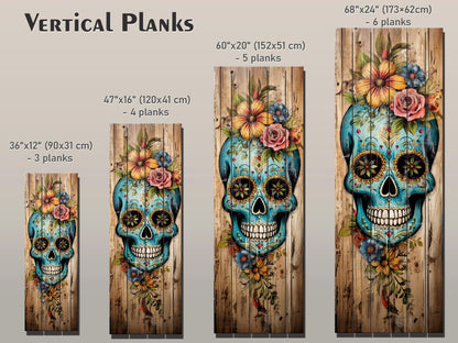 Mexican Sugar Skull Art – Rustic Wood Wall Decor | Vibrant Floral Skull Print