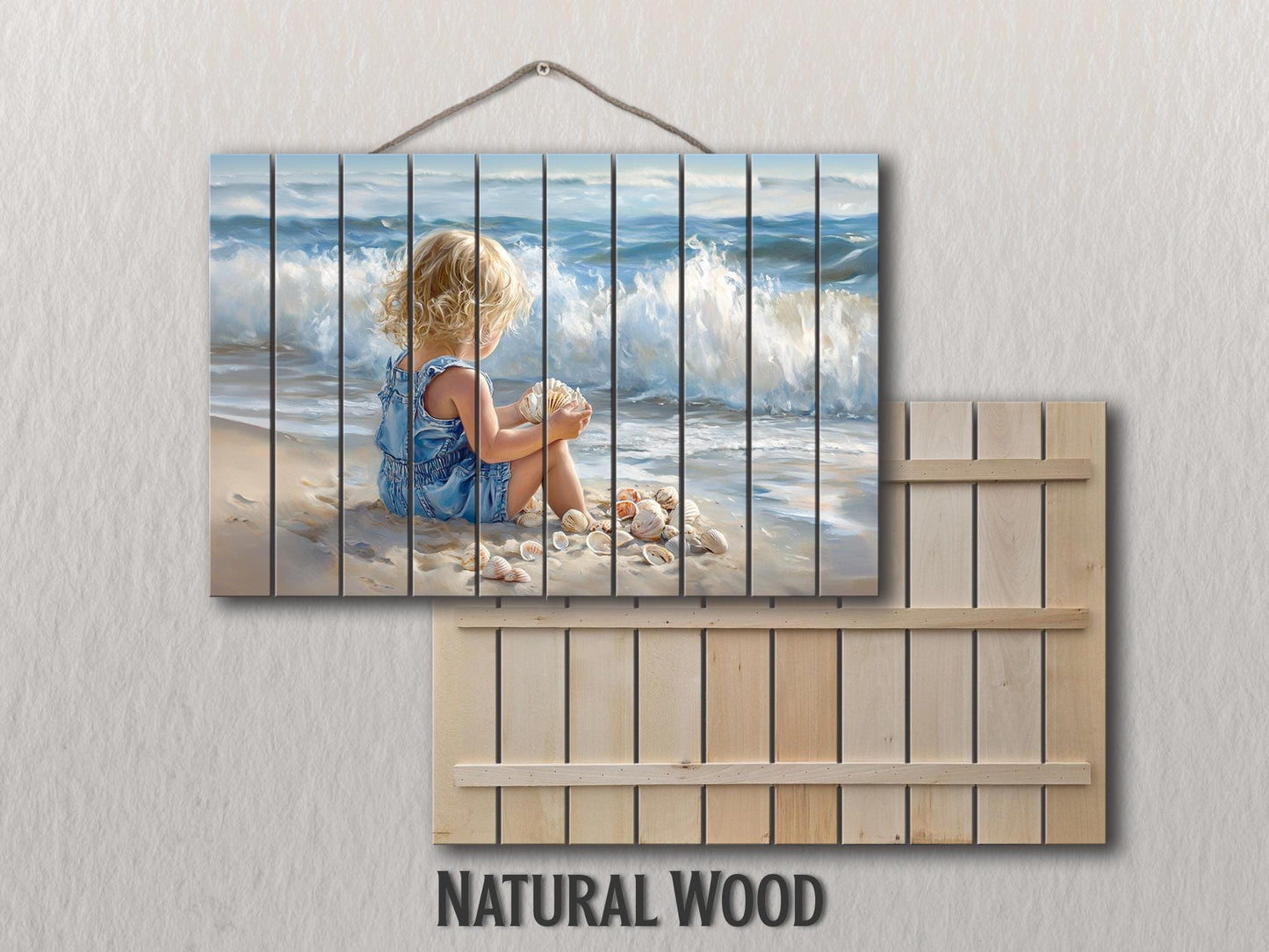 Wood Wall Art – Abstract Beach Wall Decor With Kid Playing on Wood Print