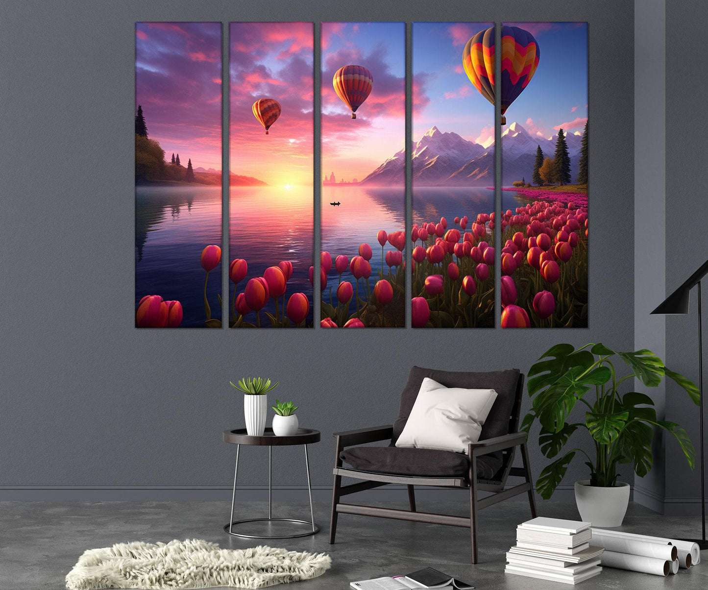 Air Balloons Canvas Print – Framed Lake Landscape Art with Pink Tulips