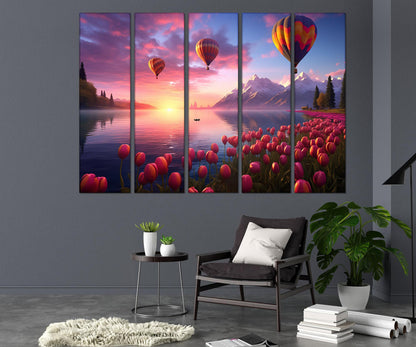 Air Balloons Canvas Print – Framed Lake Landscape Art with Pink Tulips