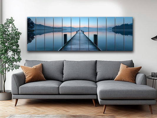 Wooden Dock Print – Rustic Lake Art on Natural Linden Wood Planks | UV Printed Wood