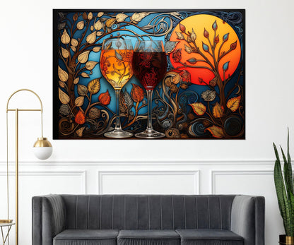 Glasses with White and Red Wine Painting Canvas Print, Madhubani Style Wine Wall Art, Wine Shop Decor, Framed and Ready to Hang