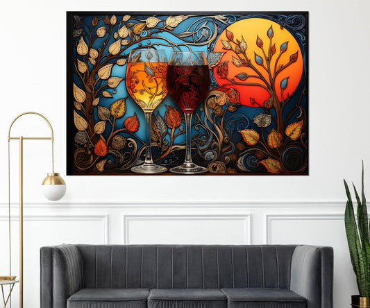 Glasses with White and Red Wine Painting Canvas Print, Madhubani Style Wine Wall Art, Wine Shop Decor, Framed and Ready to Hang