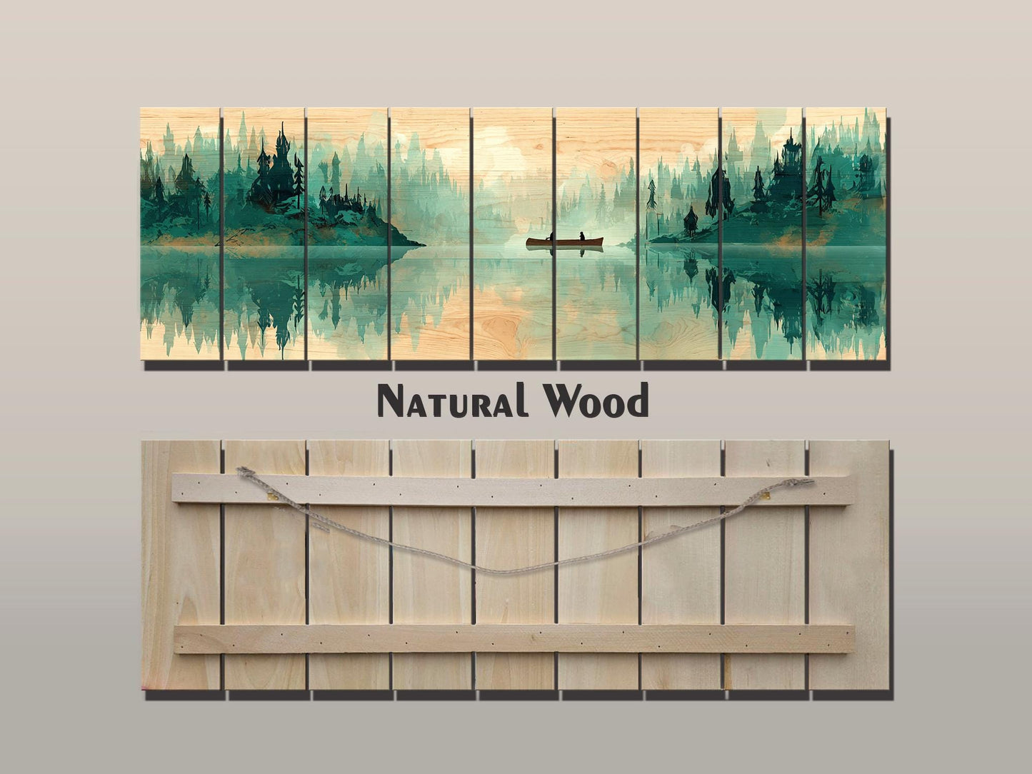 Canoe Waterfall Wall Art – Misty Forest Landscape Print on Wood with Rustic Cabin Decor