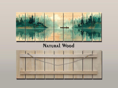 Canoe Waterfall Wall Art – Misty Forest Landscape Print on Wood with Rustic Cabin Decor