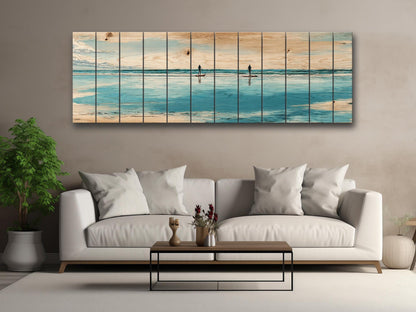 Paddleboarding Wall Art – Nautical Coastal Print on Natural Wood | Rustic Beach House Decor