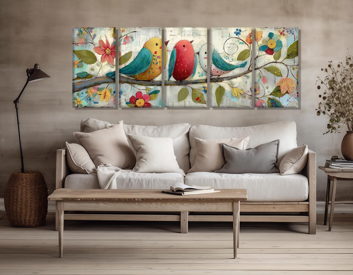 Folk Art Canvas Print – Birds on Floral Branch | Rustic Wall Decor, Ready to Hang