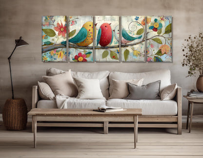 Folk Art Canvas Print – Birds on Floral Branch | Rustic Wall Decor, Ready to Hang